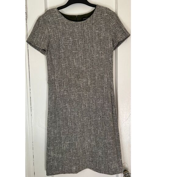 BANANA REPUBLIC DRESS SZ2 DARK GREEN WHITE BOUCLE STRETCH KNIT CAP SLEEVE SHEATH - Picture 7 of 10